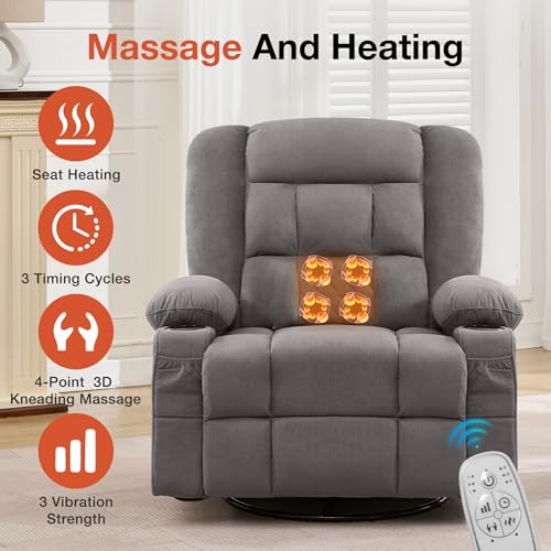 Rocker Recliner Chair with Heating and Kneading Massage for Adults,360°Swivel Rocker Recliner with Cup Holder and USB Charge Port for Living Room,Bedroom, Nursery