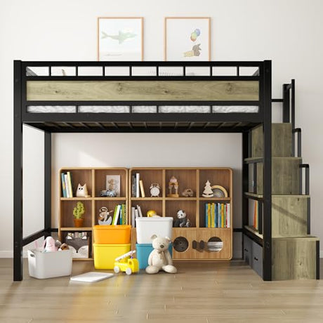 SDHYL Twin Size Loft Bed, with Storage Stairs & Drawers,Space-Saving Heavy-Duty Metal Bed Frame, No Box Spring Needed, Easy Assembly, Black SDHYL