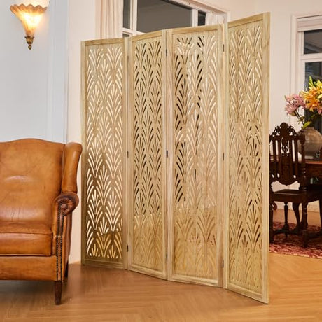 5.6Ft Room Divider Folding Wood Simple Carved Partition Screen for Home Office Garden - 4 Panels (Natural) Svimi