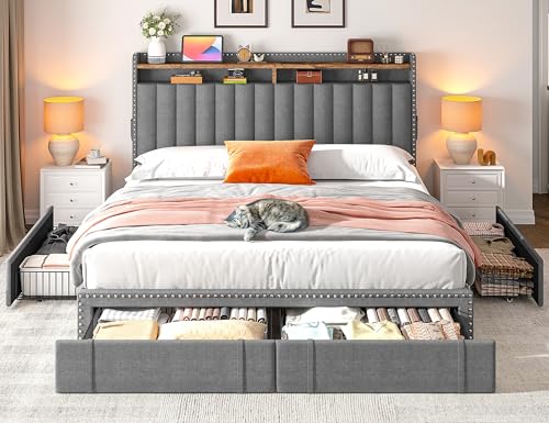 EnHomee King Size Bed Frame, Upholstered King Bed Frame with 4 Storage Drawers & 2-Tier Headboard Shelves, 1200LBS Heavy Duty, No Box Spring Needed, Easy Assembly, Grey EnHomee