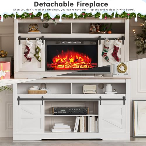 YESHOMY Fireplace TV Stand for Television up to 65+ Inch with Storage and Farmhouse Sliding Barn Doors, Entertainment Center with Cabinet and Shelves, Media Console for Living Room, White YESHOMY