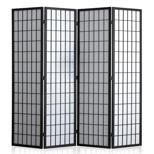 WelFurGeer 4 Panel Shoji Screen Room Divider, Folding Privacy Screens, Room Partitions and Dividers, Decorative Room Dividers, Wall Dividers for Room Separation, Japanese Room Divider for Home (Black) WelFurGeer