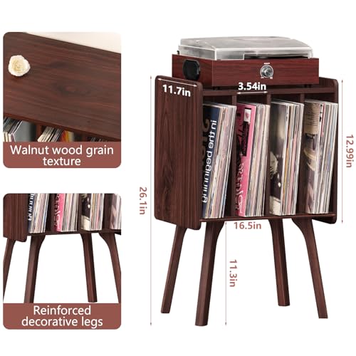 LELELINKY Small Record Player Stand - Width 11.7 in, Walnut Vinyl Record Storage Table with 4 Cabinet Up to 80 Albums, Vinyl Holder with Wood Legs,Turntable Stand Display Shelf for Bedroom Living Room LELELINKY