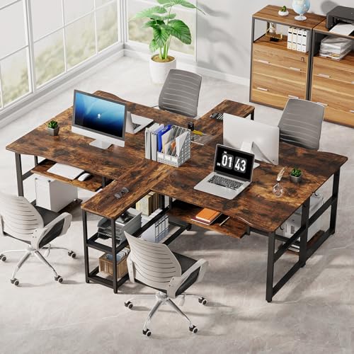 Tribesigns 94.5 inch Two Person Desk with Keyboard Tray, Extra Long Home Office Desk with Storage Shelves and Hooks, Double Computer Desk Workstation Study Table for Two People - WoodArtSupply