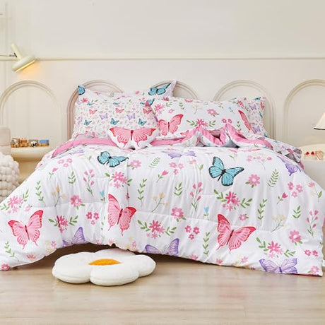 Mooreeke Twin Size Comforter Sets for Girls Kids, 6 Pieces Bed in a Bag Flower Butterfly Bedding Comforter Sheet Set with Shams and Decorative Toy Pillow, Ultral Soft Microfiber Kids Bed Set Mooreeke