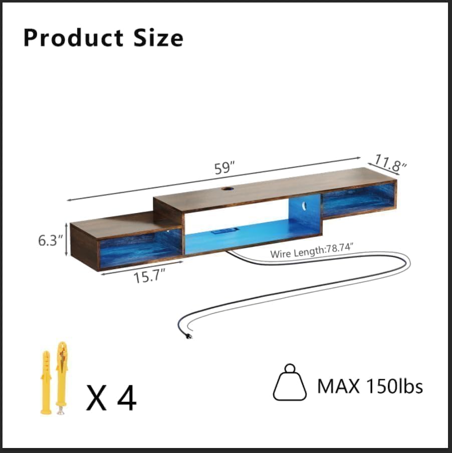 4 EVER WINNER Floating TV Shelf with LED Lights and Power Outlet, 59" TV Stand for Cable Box Audio Video, Floating Entertainment Center for Living Room, Bedroom, Rustic Brown 4 EVER WINNER