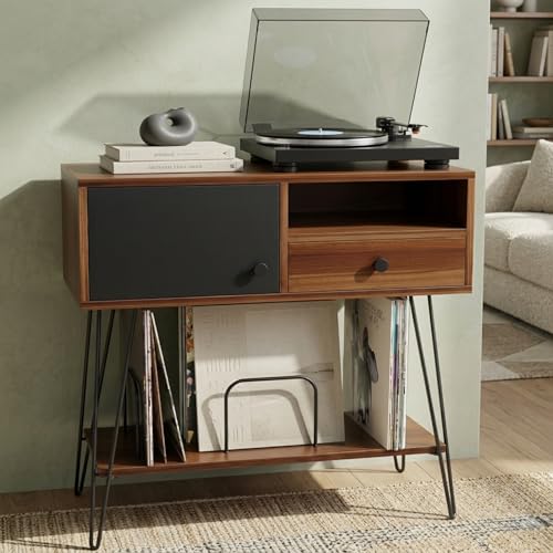 Large Mid Century Modern Record Player Stand with Vinyl Storage Holds Up to 200 Albums - Walnut Console Table for Turntables, Living Room, and Entryway | Record Player Table MAISON LEON