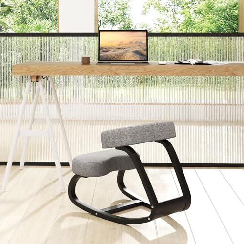 Goplus Ergonomic Kneeling Chair, Rocking Upright Posture Chair with Soft Seat & Knee Pads, Wooden Backless Knee Chair Relieves Neck Back Pain for Home Office Study, Gray and Black Goplus