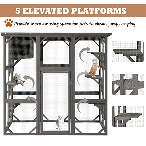 MAGIC UNION Large Fir Wooden Outdoor Indoor Catio Cat Enclosure with Weather Protection Roof with Cattery and 5 Platforms - WoodArtSupply