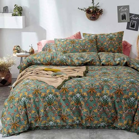 Bohemia Comforter Set King Size, Dark Green Vintage Floral Pattern Printed Bedding Sets - 3 Pcs Soft and Lightweight Duvet Bed in a Bag for Women Boho Bed Home Decor, 104x90 inch Nanko