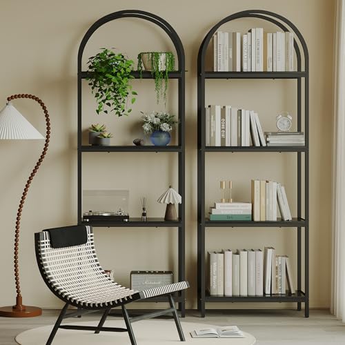 Kogven Arched Industrial 4-Tier Bookcase with Metal Frame - 72" Tall Freestanding Storage Rack in Black - WoodArtSupply