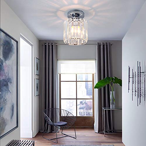 FRIXCHUR Small Chandelier Crystal Ceiling Light Semi Flush Mount Ceiling Lighting Fixture Modern Crystal Ceiling Light for Hallway Kitchen Island Dining Room Bedroom E26 Base Chrome FRIXCHUR