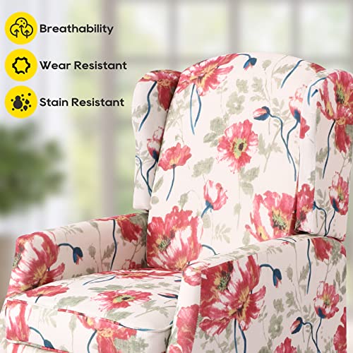 Consofa Upholstered Wingback Recliner Chair, Traditional Push Back Recliner with Padded Seat, Fabric Floral Recliner Wingback Chair, Mid Century Modern Wingback Chairs for Living Room (2,Red Floral)