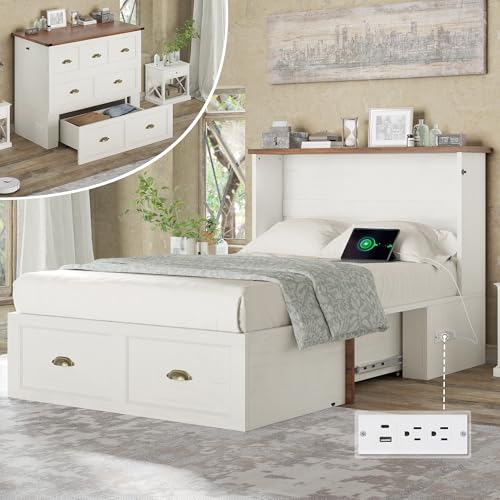 AMERLIFE Twin Size Murphy Bed, Farmhouse Wooden Cabinet with Charging Station and Storage Drawer for Bedroom/Office/Guest Room, White+Barnwood AMERLIFE