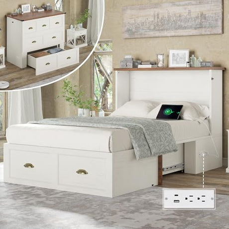 AMERLIFE Twin Size Murphy Bed, Farmhouse Wooden Cabinet with Charging Station and Storage Drawer for Bedroom/Office/Guest Room, White+Barnwood AMERLIFE