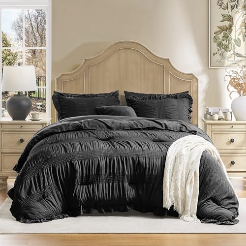 QUIETSEA Twin Comforter Set Seersucker 5 Pieces Luxury Ruffle Bed in a Bag Twin Size for All Season Black Bedding Set with Comforter, Pillowcase, Flat Sheet, Fitted Sheet and Pillow Sham QUIETSEA