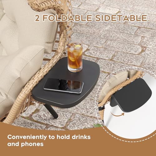 LUTINLIX Double Egg Chair with Cup Holder Outdoor Indoor,2 Person Oversized Wicker Lounge Egg Chair with 8” Thicken Cushions & Rain Cover 700lbs for Patio Balcony Porch Living Room