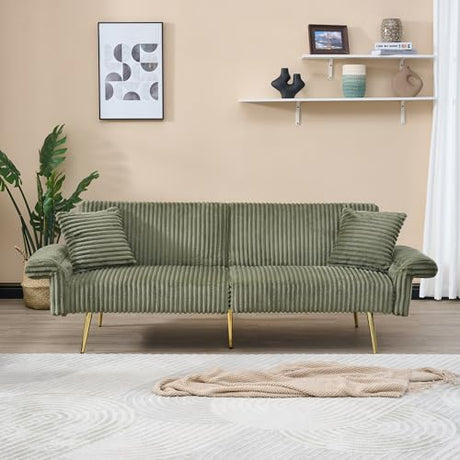 Zentrava Green 79" Convertible Futon Sofa Bed with Adjustable Backrest & Armrests, Modern Corduroy Folding Loveseat Sleeper Couches with Two Soft Pillows for Living Room Apartment Office (Green) Zentrava
