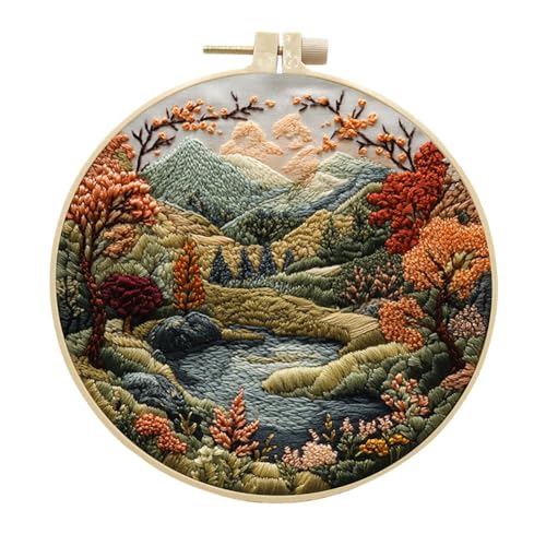 Eforcase Embroidery Starter Kit for Adult Beginner with Landscape Tree Mountain River Floral Nature Scenery Pattern Cross Stitch Hand Embroidery Set DIY Cross Stitch Kits with Hoops Needles Threads
