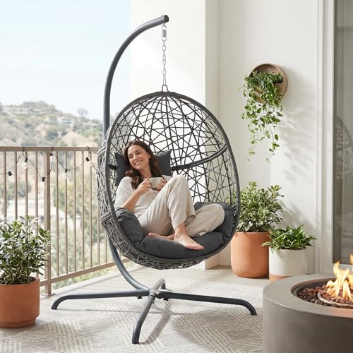 NICESOUL Swing Egg Chair with Stand, Bird Cage Patio Hanging Chair with Cushion, Large Swinging Chairs Indoor Outdoor, All-Weather 350lbs Eggshell Basket Seat for Porch, Backyard, Dark Grey