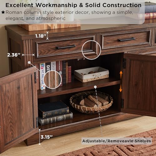 JXQTLINGMU 66" Large Buffet Sideboard Cabinet with 4 Doors and 3 Drawers, Buffet Table Coffee Bar Wine Bar Storage Cabinet for Dining Room, Living Room, Hallway, Dark Brown - WoodArtSupply