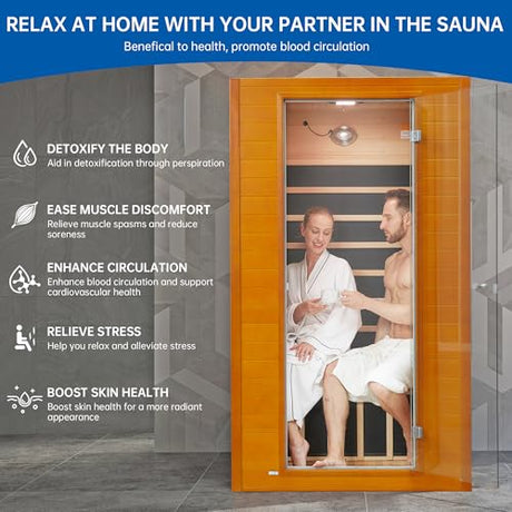 RESTISLAND Infrared Sauna Room for Home, Near Zero EMF Indoor Home Sauna for up to 2 Person with Infrared Red Light Therapy, Bluetooth Speakers, Canadian Hemlock Wood RESTISLAND