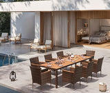 Devoko Outdoor Patio Dining Sets 9 Pieces Wicker Outdoor Dining Table and Chairs Set with Acacia Wood Table Top and Widened Armrests for Backyard, Garden, Deck (Brown) Devoko