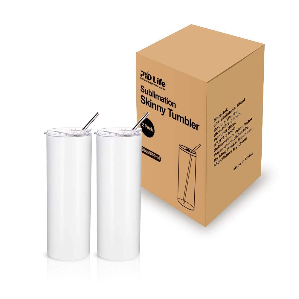 PYD Life 2 PCS Sublimation Blanks Skinny Tumbler White 20 OZ Straight Double Wall Stainless Steel Tumbler with Metal Straw Tumbler Cups for Tumbler Heat Press Machine Heat Transfer PYD Life