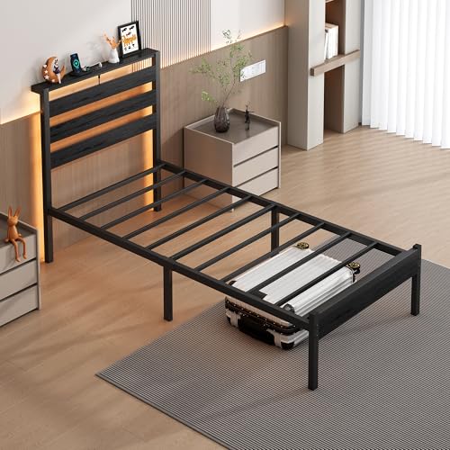 CLIBFENG Bed Frame Twin Size with USB Charging Station, LED Bed Frame with Wood Storage Headboard, Black Metal Platform Bed with Under Bed Storage, No Box Spring Needed, Noise Free CLIBFENG