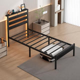 CLIBFENG Bed Frame Twin Size with USB Charging Station, LED Bed Frame with Wood Storage Headboard, Black Metal Platform Bed with Under Bed Storage, No Box Spring Needed, Noise Free CLIBFENG