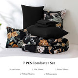 WONGS BEDDING Black Comforter Set Queen, 7 Pieces Bed in a Bag Botanical Floral Comforter Bedding Set, Soft Microfiber Comforter with Flat Sheet, Fitted Sheet, Pillow Shams, Pillowcases WONGS BEDDING