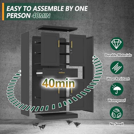 winiowa 71" Tall Metal Garage Storage Cabinet with Wheels and Locking Doors, Locking Rolling Tool Cabinet with Drawer and 3 Adjustable Shelves for Garage,Home,Office (Black) winiowa