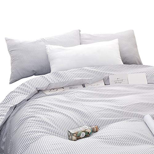 Wake In Cloud - Striped Cotton Duvet Cover Set, Ticking Stripe Pinstripe Farmhouse, 100% Cotton Bedding Set, 3 Pieces, Gray White, Full Size Wake In Cloud