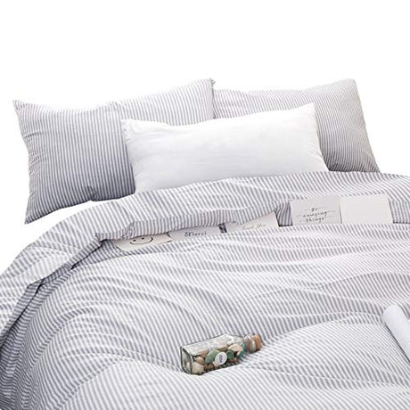 Wake In Cloud - Striped Cotton Duvet Cover Set, Ticking Stripe Pinstripe Farmhouse, 100% Cotton Bedding Set, 3 Pieces, Gray White, Full Size Wake In Cloud