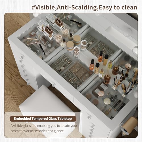 FUSOU 15 Drawers Vanity with Mirror and 12 LED Lights, Makeup Vanity with Charging Station, 3 Color Modes Adjustable Brightness, Glass Top Vanity Desk with Stool for Bedroom, White FUSOU
