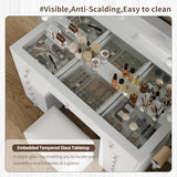 FUSOU 15 Drawers Vanity with Mirror and 12 LED Lights, Makeup Vanity with Charging Station, 3 Color Modes Adjustable Brightness, Glass Top Vanity Desk with Stool for Bedroom, White FUSOU