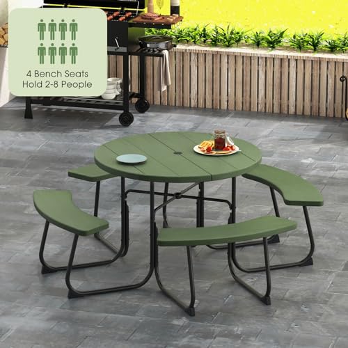 Giantex Picnic Table Set for Up to 8 Persons, Round Outdoor Table and Bench Set with Umbrella Hole, HDPE Top & Metal Frame, 2000LBS Capacity, Patio Table Bench Set for Deck Backyard Garden (Green) Giantex