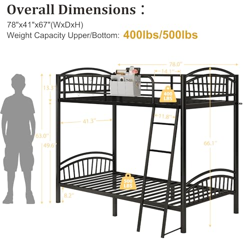 Decofy Metal Bunk Bed Twin Over Twin, Heavy Duty Industrial Bunkbeds for Teen with Bedside Caddy, Convertible Ladder & Flat Rungs, Space Saving Bunkbed Frame for Bedroom Dorm, No Box Spring Needed
