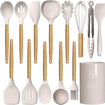 Silicone Cooking Utensils Set - 446°F Heat Resistant Silicone Kitchen Utensils for Cooking,Kitchen Utensil Spatula Set w Wooden Handles and Holder, BPA FREE Gadgets for Non-Stick Cookware (Kh - WoodArtSupply