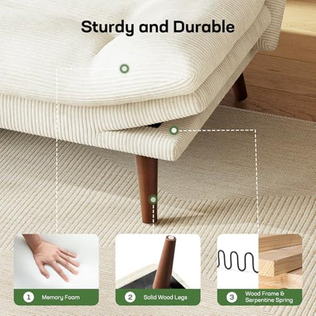 Marsail Futon Sofa Bed, Corduroy Futon Couch with Adjustable Backrest & Armrests, Convertible Small Sleeper Sofa Bed for Small Apartments, Study Room, Office, White Marsail