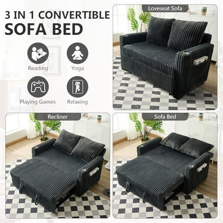 Hommoo Sleeper Sofa Couch with Pull Out Bed Convertible 3 in 1 Futon Lounge Sofa Small Love Seat for Living Room Apartment Comfy Corduroy Reclining Back with Cup Holder and USB Ports 53" Grey Hommoo
