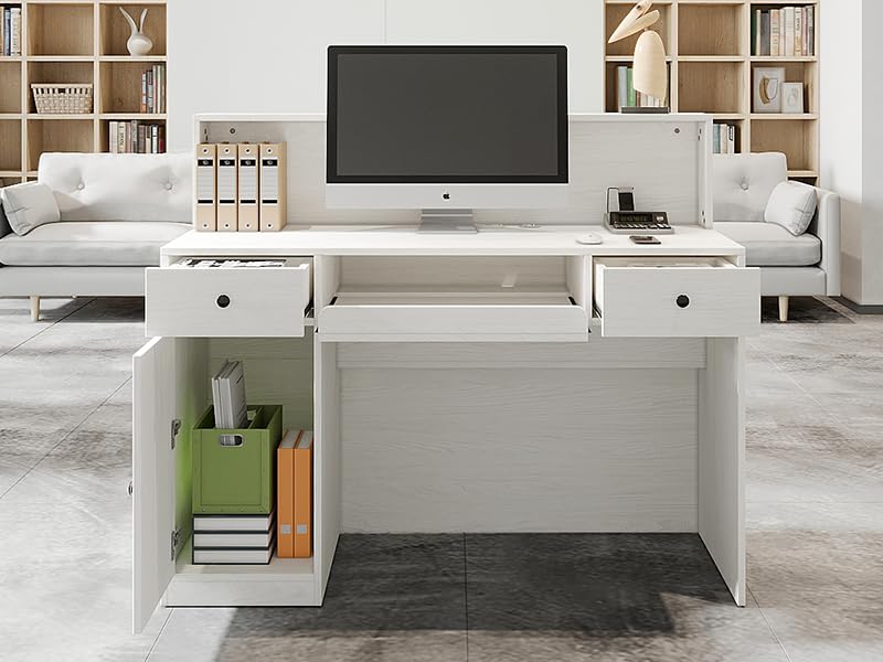 VOWNER Reception Desk with LED Lights and Power Outlets, Retail Counter Reception Counter Table with Drawers, for Salon Lobby Checkout Office, White (47.2" W x 18.7" D x 39.4" H) VOWNER