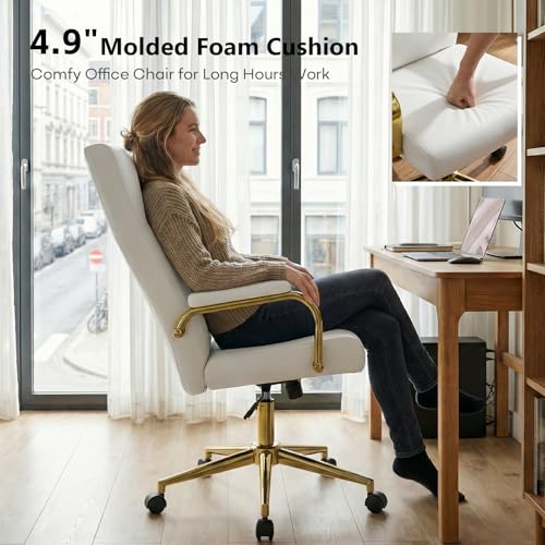 GXJ White and Gold Office Chair Memory Foam, White Leather Computer Desk Chairs with Wheels and Arms, High Back Executive Office Chair for Girl and Women GXJ