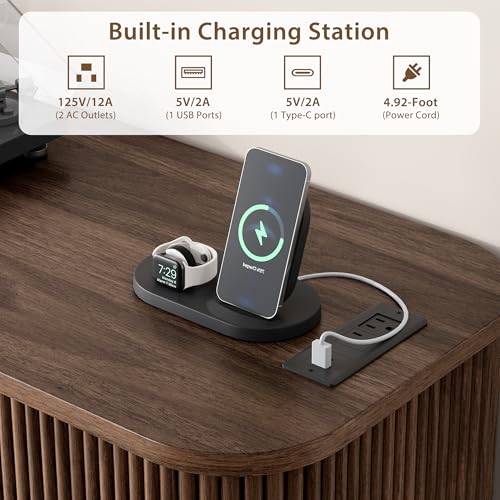 OneBlis 40" Large Record Player Stand with Charging Station, Mid Century Modern Turntable Cabinet with Sliding Doors, Wood Vinyl Record Storage Stand for Living Room Music Corner OneBlis