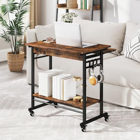Tangkula Rolling Computer Desk Cart with Keyboard Tray, Mobile Portable Laptop PC Desk with CPU Stand & 3 Hooks for Sofa & Bed, Industrial Small Desk on Wheels for Small Spaces, Home Office Desk Tangkula