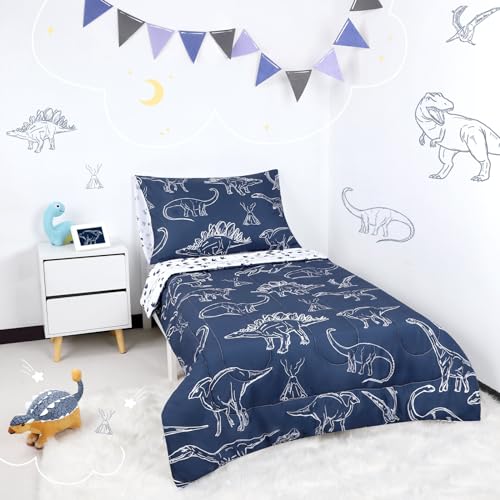 Jundetye 4 Pieces Dinosaur Toddler Bedding Set for Boys, Soft Breathable Toddler Comforter Set, Dino Print Navy, Includes Reversible Comforter, White Fitted Sheet and Flat Sheet, Pillowcase Jundetye