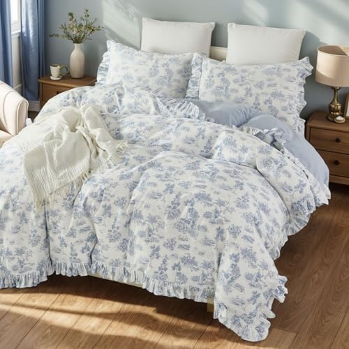 Brandream French Country Garden Toile Floral Duvet Quilt Cover King Size 100% Cotton Bedding Set Toile Tapestry Pattern Blossom Tree Branches Delicate Ruffle Fringe Design Brandream
