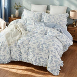 Brandream French Country Garden Toile Floral Duvet Quilt Cover King Size 100% Cotton Bedding Set Toile Tapestry Pattern Blossom Tree Branches Delicate Ruffle Fringe Design Brandream