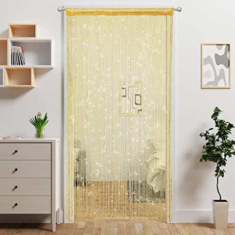 Atsweetlife Door String Curtain Doorway Beads Curtains,Hanging Room Divider Beaded Decor Hippie Glitter Fringe Panel Closet Window Doors Sequin Sheer Boho Doors Tassel (Gold) Atsweetlife