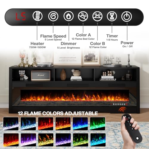 PRETZI 65" Fireplace TV Stand with 60" Glass Electric Fireplace for TVs Up to 75 inch, Modern Fireplace Entertainment Center with Open Storage Shelf, Media Console TV Cabiet for Living Room, Black PRETZI